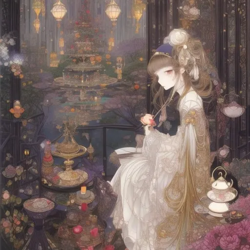Prompt: Yoshitaka Amano, Harry Clarke, Chiho Saito, Surreal, mysterious, bizarre, Japanese anime, a cat wearing clothes playing the guitar, Alice, a beautiful blonde girl in a miniskirt flying, perfect voluminous body, where is the tea party?, detailed masterpiece 