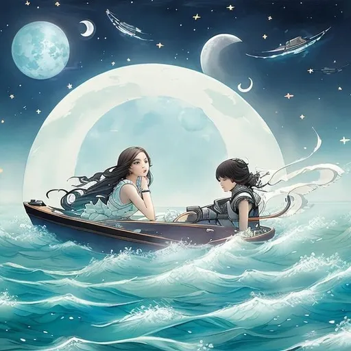 Prompt: Kate Greenaway, Sulamith Wülfing, Japanese Anime Surreal Mysterious Weird Fantastic Sci-fi Fantasy Girl Swimming in the Sea of ​​Space, moon, sun, stars, cloud, hyperdetailed high resolution high definition high quality masterpiece