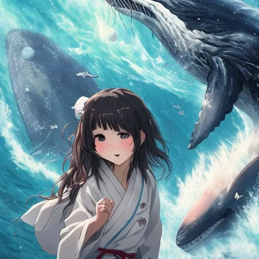 Prompt: Japanese anime, wonder  sci-fi fantasy, lighthouse at the end of the galaxy, jumping whale, beautiful girl in tight kimono watching whale jump,  hyperdetailed high definition high resolution high quality masterpiece 