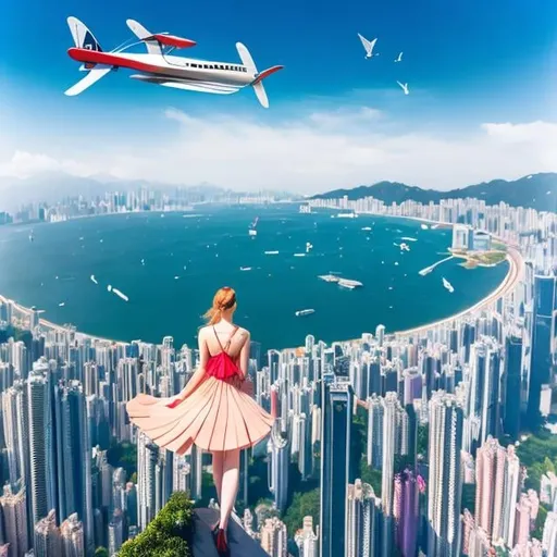 Prompt: Walter Crane, Evgenia Malina, Surreal, mysterious, strange, fantastic, fantasy, sci-fi, Japanese anime, biplane flying over the magical city of Hong Kong, beautiful high school girl in a miniskirt looking up from the top of a high-speed building, perfect voluminous body, wide-angle bird's-eye view, detailed masterpiece 