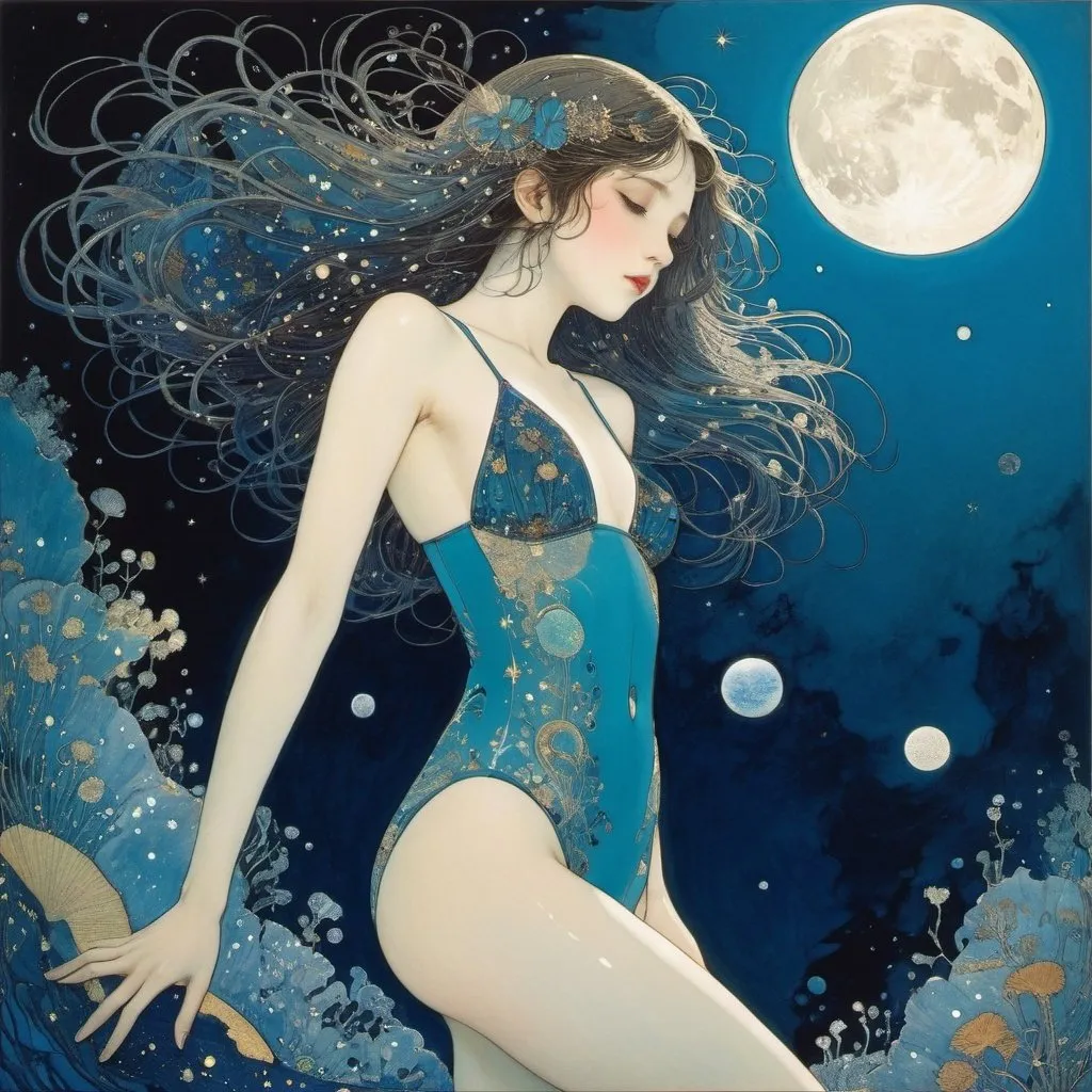 Prompt: Harry Clarke, Hiroyuki Kitakubo, Surreal, mysterious, strange, fantastical, fantasy, Sci-fi, Japanese anime, moonlit sea, beautiful girl in school swimsuit diving, perfect voluminous body, wet skin glistening, underwater universe, stars, detailed masterpiece 