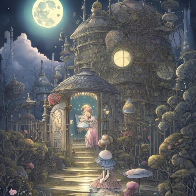 Prompt: Charles Doyle, Kate Greenaway, Japanese anime, surreal fantasy, strange, bizarre, sci-fi fantasy, moonlight Alice, bowed moon, tea party on the moon, elevator to the moon, moonlight gate, laurel, hyperdetailed high definition high resolution high quality masterpiece 