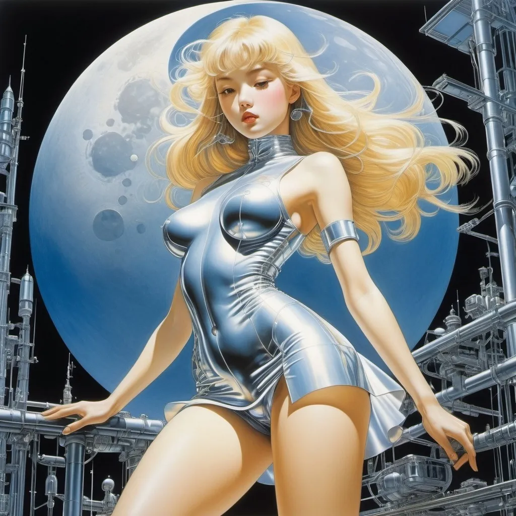 Prompt: Hajime Sorayama, Karel Thole, Hans Bellmer, Frances MacDonald, yuko Shimizu, Surrealism Mysterious Weird Fantastic Fantasy Sci-Fi, Japanese Anime, Blueprint of the Moon of Transparent Shadows and Light, Structure of Light and Optical Circuit, Miniskirt Beautiful High School Girl, perfect voluminous body, detailed masterpiece 