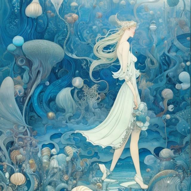 Prompt: Kay Nielsen, James Jean, Surreal, mysterious, strange, fantastic, fantasy, Sci-fi, Japanese anime, seashell walking on two legs, beautiful blonde miniskirt girl Alice, perfect voluminous body, shore of the future, detailed masterpiece 