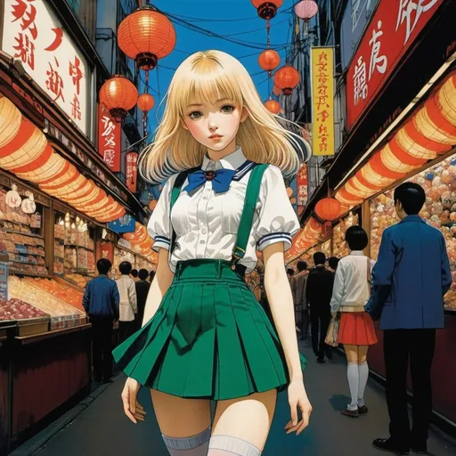 Prompt: Harry Clarke, Mayu Shinjo, Surreal, mysterious, strange, fantastical, fantasy, Sci-fi, Japanese anime, Ueno Ameyoko, shoppers from outer space, crowd, beautiful blonde miniskirt girl Alice, perfect voluminous body, detailed masterpiece 