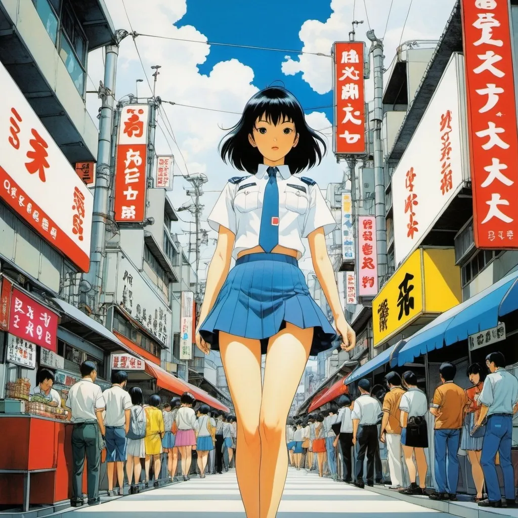 Prompt: Katsuhiro Otomo, Daisukerichard, Naoyuki Kato, tatsuyuki tanaka, Taiyo Matsumoto, Surrealism, wonder, strange, bizarre, fantasy, Sci-fi, Japanese anime, Tokyo Utopia, a lonely paradise for miniskirt beautiful high school girls, perfect voluminous body, food stalls, high tech street future, detailed masterpiece 