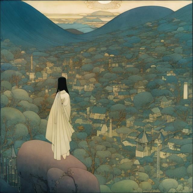 Prompt: Frederick Cayley Robinson, Maki Enjōji, Surreal, mysterious, strange, fantastical, fantasy, Sci-fi, Japanese anime, In the otherworld that appears in dreams, time circulates, stands still, flows backwards, hiccups, becomes a visible dimension... all kinds of weird things happen. It shows a certain aspect. When dreams and reality overlap, even this world transforms. A beautiful high school girl in a miniskirt with a perspective view. Perfect body., detailed masterpiece 
