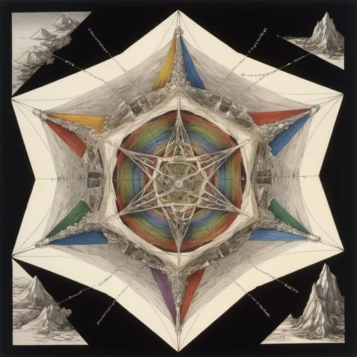 Prompt: Arthur Rackham, MATSUMI KANEMITSU, LARRY SHINODA, M C Escher, Kazuo Shiraga, Surrealism, strange, bizarre, fantastic, fantasy, Sci-fi, Japanese anime, deciphering the rainbow, circulation diagram of the wind, trigonal/hexagonal crystal system, amorphous, Celtic illuminated manuscript perpetual motion machine and miniskirt beautiful girl, perfect voluminous body, solo girl, zoom in, detailed masterpiece 