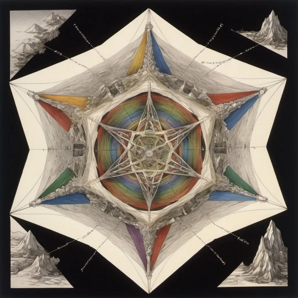 Prompt: Arthur Rackham, MATSUMI KANEMITSU, LARRY SHINODA, M C Escher, Kazuo Shiraga, Surrealism, strange, bizarre, fantastic, fantasy, Sci-fi, Japanese anime, deciphering the rainbow, circulation diagram of the wind, trigonal/hexagonal crystal system, amorphous, Celtic illuminated manuscript perpetual motion machine and miniskirt beautiful girl, perfect voluminous body, solo girl, zoom in, detailed masterpiece 