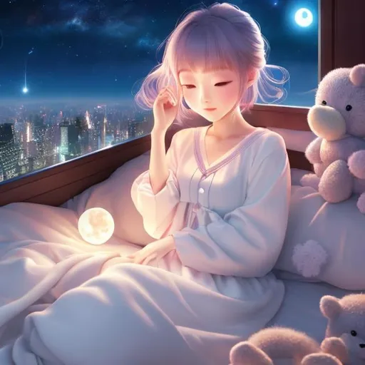 Prompt: Akihiro Yamada, Elsa Beskow, Surreal, mysterious, bizarre, fantastical, fantasy, Sci-fi, Japanese anime, bed floating in the night sky, city night view above, beautiful girl in cute pajamas, perfect body, moonlit night starry sky, bird's eye view, detailed masterpiece 