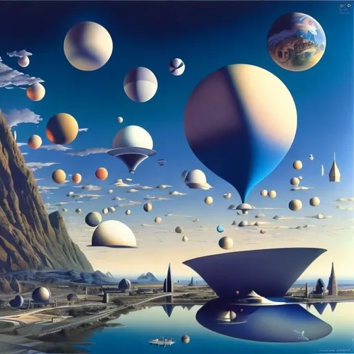 Prompt: Roger Dean, Gil Elvgren, Surreal, mysterious, bizarre, fantastical, fantasy, Sci-fi, Japanese anime, mathematical formula universe, geometric buildings, beautiful girl in perspective drawing, perspective drawings and blueprints, floating spheres, detailed masterpiece zoom in to the girl 