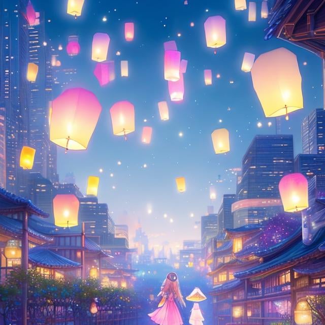 Prompt: Margaret Tarrant Kate Greenaway, Japanese anime, surreal wondrous strange Whimsical fanciful Sci-Fi Fantasy Toronto Night View Flying lanterns Solo girl, hyperdetailed high resolution high quality high definition masterpiece, manga lines, realistic