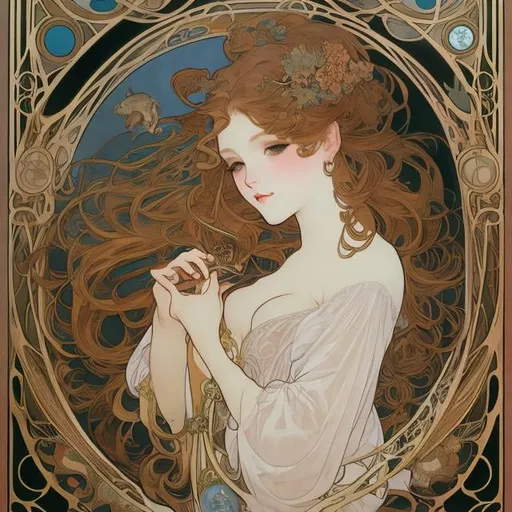Prompt: Alphonse Mucha, Maurice Sendak, Charles Doyle, Surreal, mysterious, bizarre, fantastical, fantasy, Sci-fi, Japanese anime, beautiful blonde girl Alice, perfect voluminous body, welcoming bird of Diomedea island, Cephalos's love affair, autophagy of octopus, musical fishing of red flycatcher, cultural device called cafe, from the history of life on Earth to the systematization of astrobiology, detailed masterpiece, depth of field cinematic lighting 