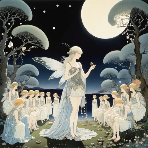 Prompt: Kay Nielsen, Hiroshi Masumura, Surreal, mysterious, bizarre, fantastical, fantasy, sci-fi, Japanese anime, On a moonlit night, a large group of fairies gathered to watch a beautiful miniskirt fairy girl crack a walnut, perfect voluminous body, Oberon and Titania, Princess Mab, soldiers, sailors, tinkerers, clothes store, detailed masterpiece 