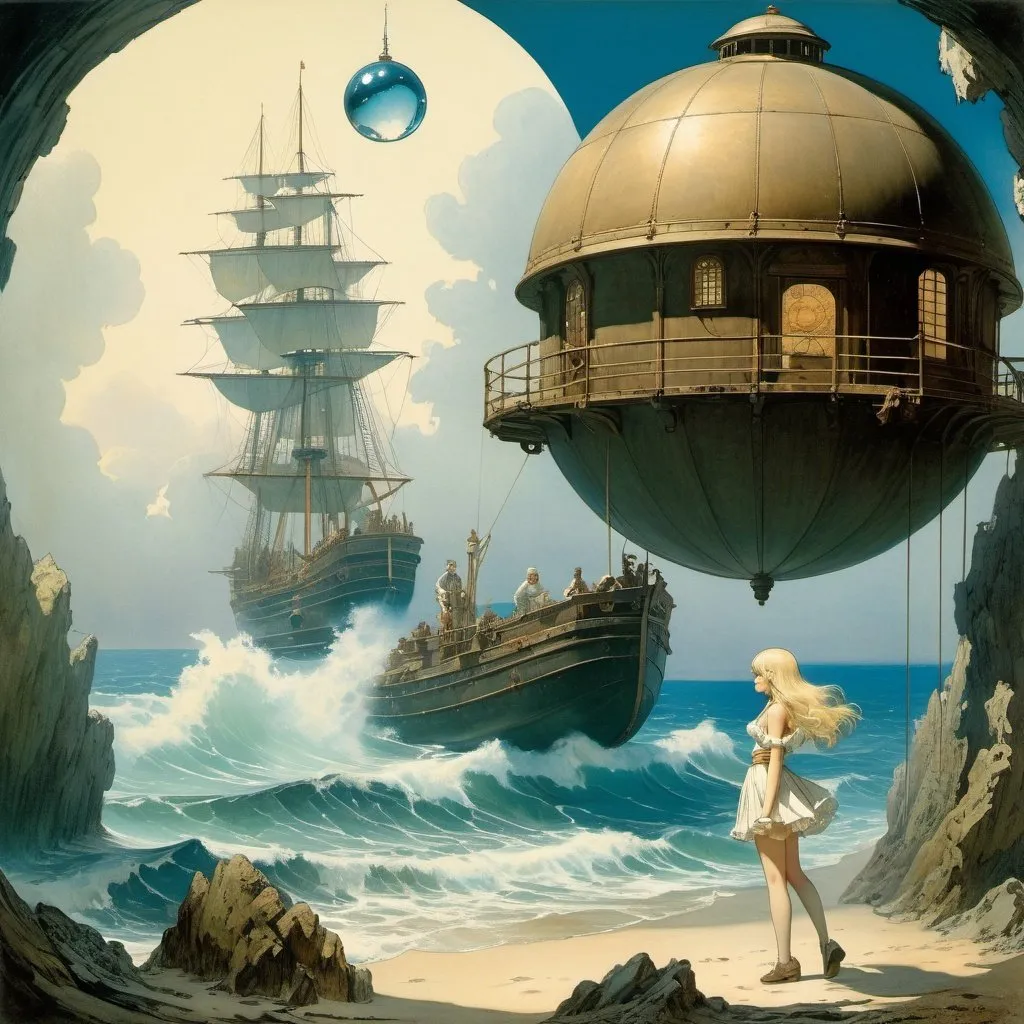 Prompt: William Timlin, Frederick Sands Brunner, Ernst Kreidolf, Surreal, mysterious, strange, fantastical, fantasy, Sci-fi, Japanese anime, observatory, shipwreck, bathing hut, sea orchestra, flying demon magic, crystal ball, diorama, blonde miniskirt beautiful girl Alice, perfect voluminous body, detailed masterpiece 