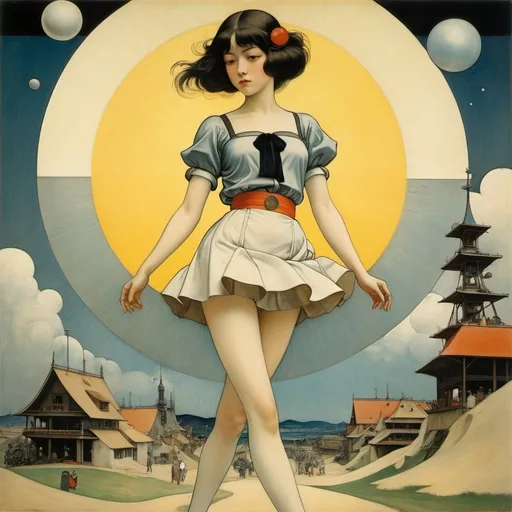 Prompt: Koloman moser, Willy Pogany, Hieronymus Bosch, Harrie Geelen, Harold Gaze, Surrealism, wonder, strange, bizarre, fantasy, Sci-fi, Japanese anime, basking in the atomic sunlight, dreams and illusions of a mechanized world, beautiful girl in a miniskirt, perfect voluminous body, detailed masterpiece 