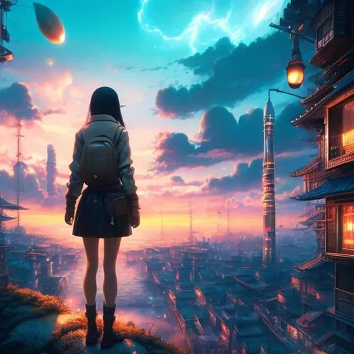 Prompt: Hiroshi masumura, Mstislav Dobuzhinsky, Surreal, mysterious, strange, fantastical, fantasy, Sci-fi, Japanese anime, a miniskirt beautiful girl who repairs holes in the world, perfect body, imaginative mechanics, perspective and perspective, nails and boards, repaint, detailed masterpiece depth of field cinematic lighting 