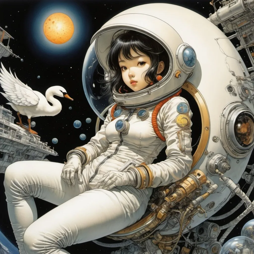 Prompt: Naoyuki Kato, Katsuhiro Otomo, Anton Pieck, surreal, mysterious, strange, fantastical, fantasy, Sci-fi, Japanese anime, the spiral orbit of the sun, the beautiful girl in the space suit, perfect voluminous body, the flight of the swan, detailed masterpiece 