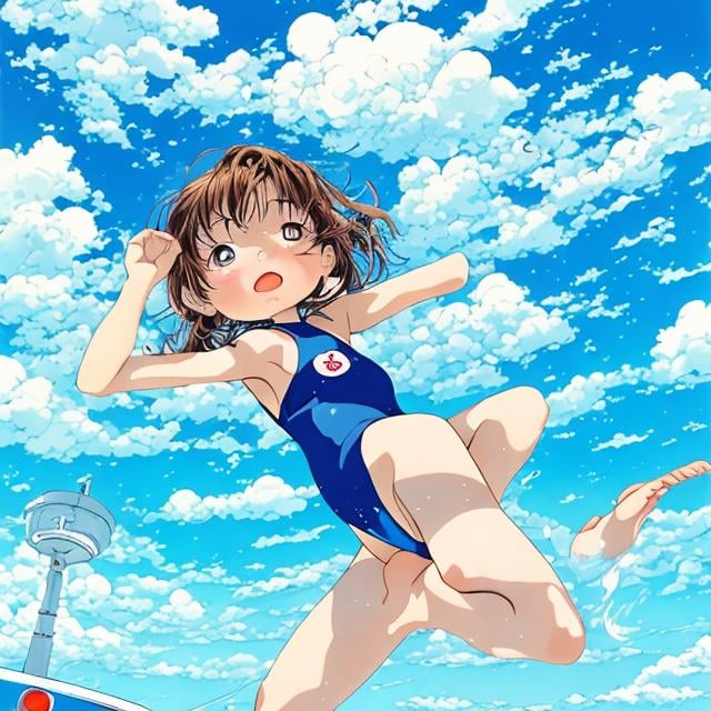 Prompt: Kenji Tsuruta style, girl, swimsuit, on submarine, blue sky, 