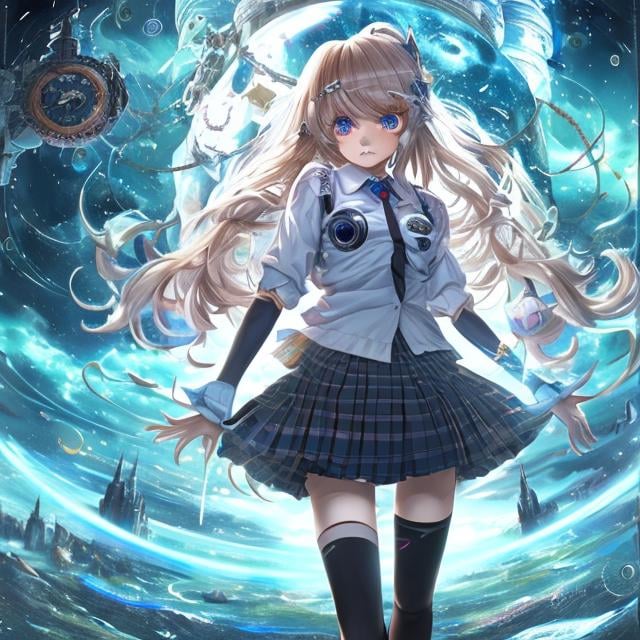 Prompt: Barbara Cooney Japanese Anime　Sci-Fi Fantasy　Miniskirt schoolgirl　A castle between time and space　Large Clock　Waterfall cascading into the void　cosmic space　ocean　月 虹 Hyperdetailed high definition high resolution high quality masterpiece