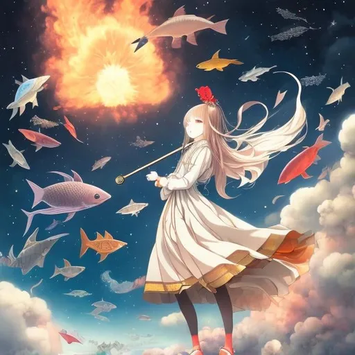 Prompt: Kate Greenaway, Japanese Anime, Surreal Mysterious Bizarre Sci-fi Fantasy, Kendama, School of Fish, Flame, A Girl, Classroom, Satellite Orbit, hyperdetailed high resolution high definition high quality masterpiece 