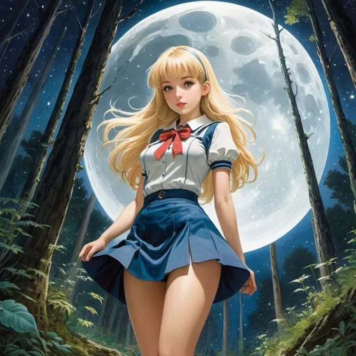 Prompt: George Gross, A E Marty, Surreal, mysterious, strange, fantastical, fantasy, Sci-fi, Japanese anime, moon ship in the forest of stars, night imagination, beautiful blonde miniskirt girl Alice, perfect voluminous body, detailed masterpiece 