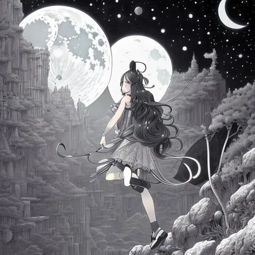 Prompt: Frank  Papers, Maurice Sendak, Japanese anime surreal mysterious strange sci-fi fantasy fantasy climbing the full moon crescent moon girl walk, manga lines, hyperdetailed high resolution high definition high quality masterpiece 