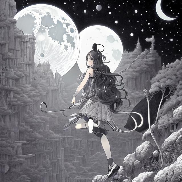 Prompt: Frank  Papers, Maurice Sendak, Japanese anime surreal mysterious strange sci-fi fantasy fantasy climbing the full moon crescent moon girl walk, manga lines, hyperdetailed high resolution high definition high quality masterpiece 