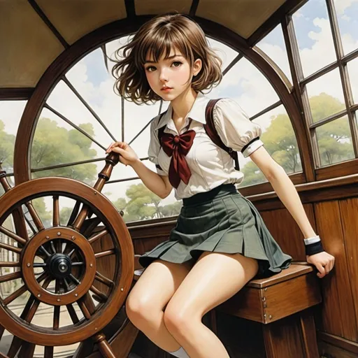 Prompt: Shannon Bergin, Jane Carkill, Arthur Rackham, Surrealism, strange, bizarre, fantastical, fantasy, Sci-fi, Japanese anime, spinning wheel, beautiful high school girl in a miniskirt, perfect voluminous body, short hair, boyish, borderline world, commuting route to school, detailed masterpiece 