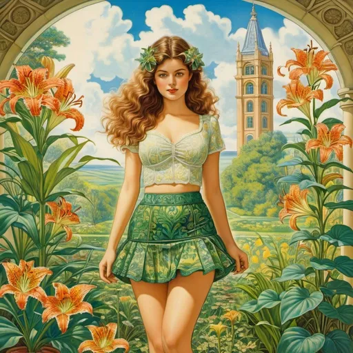 Prompt: Richard Adams, Louis William Wain, Surreal, mysterious, bizarre, fantastical, fantasy, Sci-fi fantasy, anime, kingdom of plants, mini-skirt lily-flower beautiful girl, perfect voluminous body, botanical art, temple of plants, tranquility, natural history, detailed masterpiece 