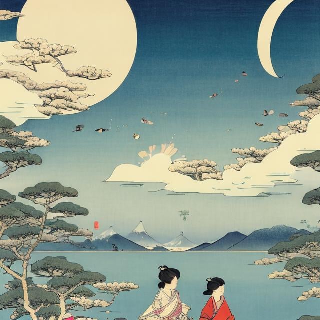 Prompt: Ukiyo-e style, Kate Greenaway,  Jessie Willcox Smith, Heikala, Tokyo future scape, blue sky with some clouds, flying cars, floating gold fishes, Japanese high school girl, looking up at  rainbow, beautiful face dark hair, hyper detailed, high resolution, high definition, high quality, masterpiece, Japanese anime, manga lines, realistic 
