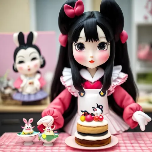 Prompt: Tomoko Ninomiya, Mabel Attwell, Surreal, mysterious, bizarre, fantastical, fantasy, Sci-fi, Japanese anime Alice, a beautiful blonde miniskirt girl at the cooking class. The teacher is the Queen of Hearts. Today she is making a shortcake. The cake is bigger than Alice. A smiling Alice. Rabbits and card soldiers. A bird's-eye view of the dynamism that surprised everyone, detailed masterpiece manga drawings cute 