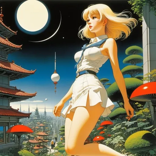 Prompt: Heath Robinson, Lorser Feitelson, Barbara C. Freeman, Yoshinori Kanada, katsuhiro Otomo, Surrealism Mysterious Weird Fantastic Fantasy Sci-Fi, Japanese Anime, Crescent Moon of Prismatics, Beautiful miniskirt high school girl who puts the world in a miniature garden, perfect voluminous body, detailed masterpiece 