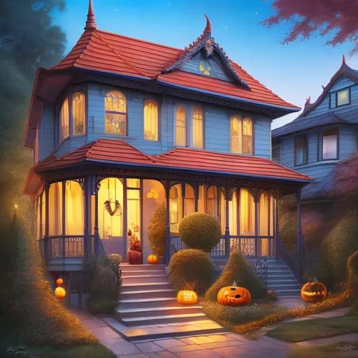 Prompt: James Jean, Margaret Tarrant, Elsa Beskow, Surreal, mysterious, bizarre, fantastical, fantasy, Sci-fi, Japanese anime, Halloween night, trick or treat The front porch of a Victorian-style red brick house, Alice, a beautiful blonde miniskirt girl, perfect voluminous body, carrying a bag of candy, accompanied by cats, hyper detailed masterpiece cyberpunk 