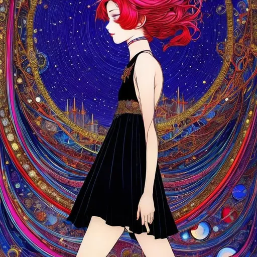 Prompt: Masakane Yonekura, Harry Clarke, Surreal, mysterious, strange, fantastical, fantasy, Sci-fi, Japanese anime, Glass Observatory, miniskirt beautiful girl genius doctor who unravels the formula of the universe, perfect voluminous body, galaxy and rainbow, detailed masterpiece 