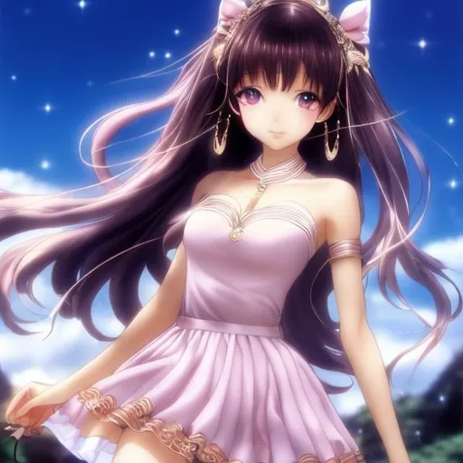 Prompt: Kozue Amano, VICTORIA TOPPING, Surreal, mysterious, strange, fantastical, fantasy, Sci-fi, Japanese anime, Othello world, moon in amber, magic of dawn, creating a miniskirt beautiful girl, perfect voluminous body, detailed masterpiece 