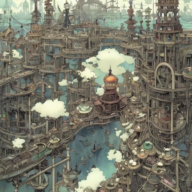 Prompt: Heath Robinson Anime　surreal　wondrous　strange　Whimsical　absurderes　fanciful　Sci-Fi Fantasy　City-states ruled by steam engines and magic　Revival of wings　Roof top amusement park, a beautiful girl