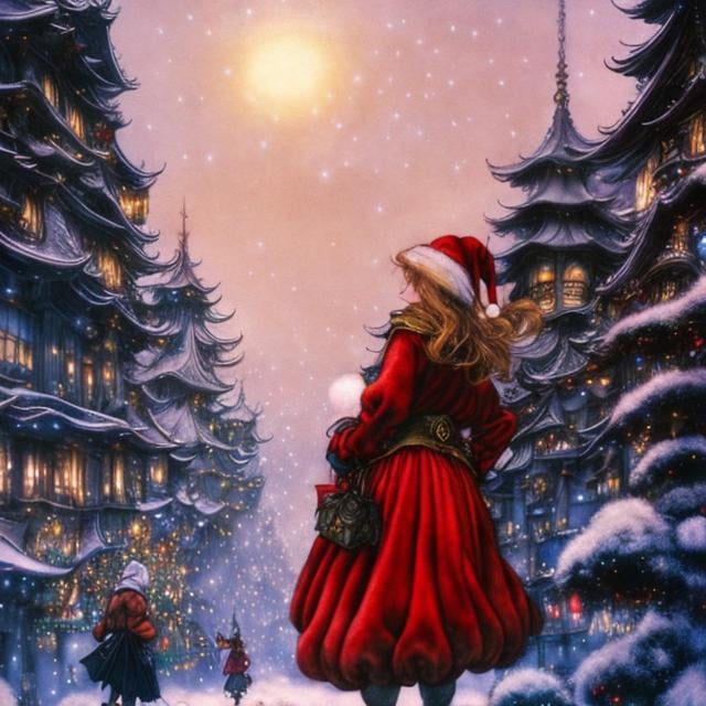 Prompt: Arthur Rackham, daisukerichard, Surreal, mysterious, bizarre, fantastical, fantasy, Sci-fi, Japanese anime, beautiful blonde miniskirt girl Alice in a bright red Santa costume, perfect voluminous body, Walking around town with a pet reindeer, Christmas tree, sparkling illuminations, starry sky, hyper detailed masterpiece depth of field cinematic lighting 