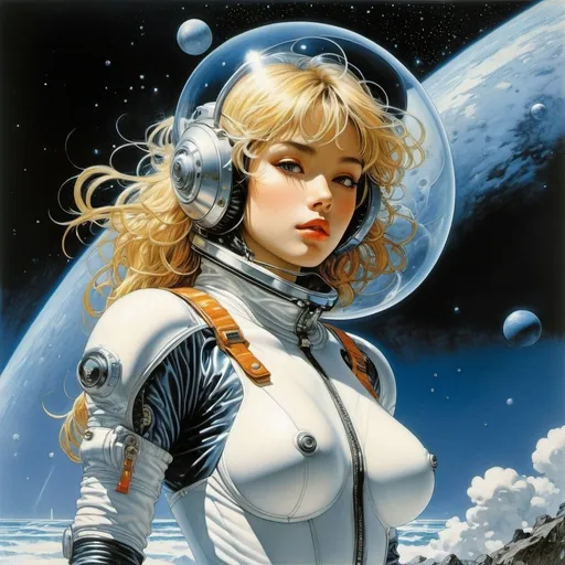 Prompt: Arthur Rackham, Hajime Sorayama, Katsuya Terada, John Harris, Peter Andrew Jones, Surrealism, mysterious, strange, bizarre, fantasy, Sci-fi, Japanese anime, ocean flowing into space, rain of light, space colony, beautiful girl in a space suit, perfect voluminous body, detailed masterpiece 