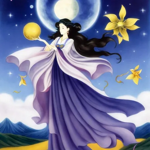 Prompt: Leonora Carrington, Naoko Takeuchi, Surreal, mysterious, strange, fantastical, fantasy, Sci-fi, Japanese anime, hand grasping the moon, night bus, moonlight daffodil, crescent moon girl returns to her hometown, perfect voluminous body, detailed masterpiece 