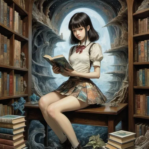 Prompt: Yana Toboso, Francois Avril, Surreal natural history, mysterious, bizarre, fantastical, fantasy, sci-fi, Japanese anime, the other side of painting, a beautiful girl in a miniskirt from the kingdom of dusk, perfect voluminous body, the existence of "books" that transmit knowledge across time and space, detailed masterpiece hand coloured drawings 