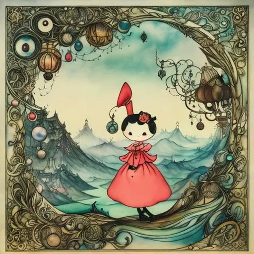 Prompt: Gary Baseman, Arthur Rackham Japanese Anime, Mysterious Strange Fantastic Surreal Fantasy Sci-Fi Fantasy Movement of the Planets, a girl, Newton's Cradle Theater Magnet Feather