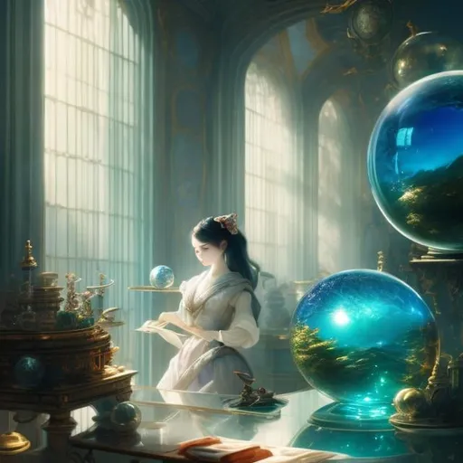 Prompt: Jean-Baptiste Oudry, Surreal Mysterious Weird Fantastic Fantasy Sci-fi, Japanese Anime, Wonderland of Shining Materials, Glass, beautiful Girl, Marble, Characteristics of Materials, Lens, Spherical Glass, Optical Design, Laboratory, Microscope, hyper detailed masterpiece, depth of field, cinematic lighting, high resolution definition quality 