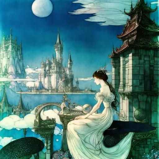 Prompt: Arthur Rackham, Kay Nielsen, Charles Robinson, Surreal, mysterious, strange, fantastical, fantasy, Sci-fi, Japanese anime, beautiful princess in a miniskirt stroking the head of a pet dragon, perfect body, castle balcony, blue sky, cumulonimbus clouds, detailed masterpiece wide angles perspectives 