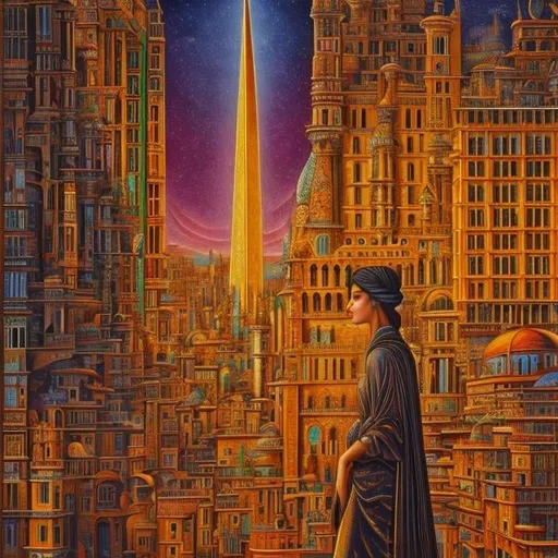 Prompt: Ferdinando Galli Bibiena In full colour, Mati Klarwein, Surreal, mysterious, bizarre, fantastical, fantasy, Sci-fi fantasy, urban imagination, solo girl close up, beautiful blonde miniskirt girl Alice, lovely perfect voluminous physical body, vertical parallel cityscape, metropolis on paper, perspective view, cross-sectional view, spheres, time-space locomotive, hyper detailed masterpiece high resolution definition quality, depth of field, cinematic lighting 