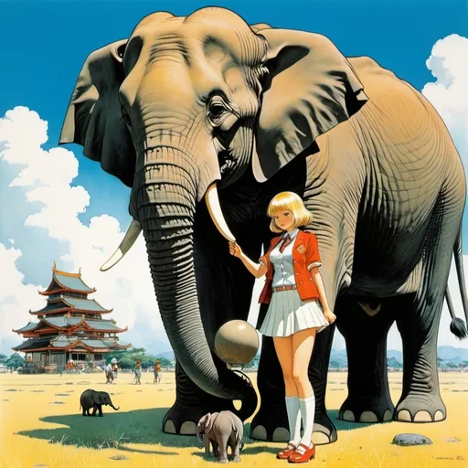 Prompt: Anne Anderson, Lawson Wood, Heath Robinson, Éric Hérenguel, katsuhiro Otomo, Surrealism Mysterious Weird Fantastic Fantasy Sci-Fi, Japanese Anime, Miniskirt Beautiful High School Girl and Pet Elephant, perfect voluminous body, elephant small enough to stand in the girl’s palm, detailed masterpiece 