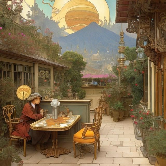 Prompt: Anton Pieck, Erte, Alphonse Mucha, Japanese Anime, Surreal Mysterious Bizarre Fantastic Sci-Fi Fantasy, Solar System Sinking into a Coffee Cup, Cafe Patio, detailed, high resolution definition quality masterpiece 