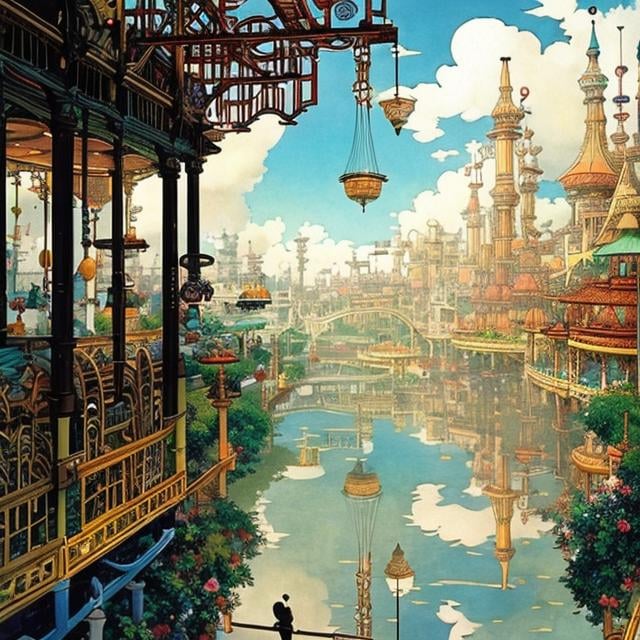 Prompt: Heath Robinson Anime　surreal　wondrous　strange　Whimsical　absurderes　fanciful　Sci-Fi Fantasy　City-states ruled by steam engines and magic　Revival of wings　Roof top amusement park, a beautiful girl