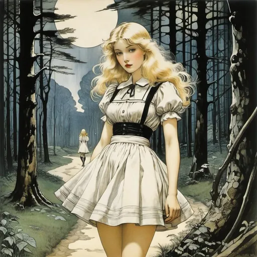 Prompt: Arthur Rackham, Paul Delvaux, Bernard Krigstein, Frank Miller, Kazuko Fujita, Surrealism, wonder, strange, fantastical, fantasy, Sci-fi, Japanese anime, mechanisms and techniques, natural history, forests, birds, cities, strange things, a device called Alice, a beautiful blonde miniskirt girl who transforms, perfect voluminous body, detailed masterpiece 