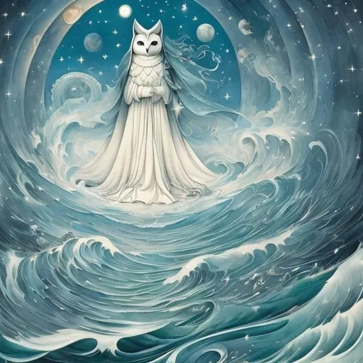 Prompt: Mabel Attwell, Kate Greenaway, Anne Anderson, Jean-Jacques Lequeu, William Blake, surreal, mysterious, strange, fantastical, fantasy, Sci-fi, Japanese anime, returning universe and reincarnation, goddess and owl, the world is made of physics, fluid mechanics, detailed masterpiece 